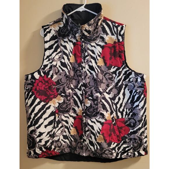 Reversible Quilted Vest Black Rose/Zebra Print Women 1X Casual Identity Light Wt - Picture 3 of 13